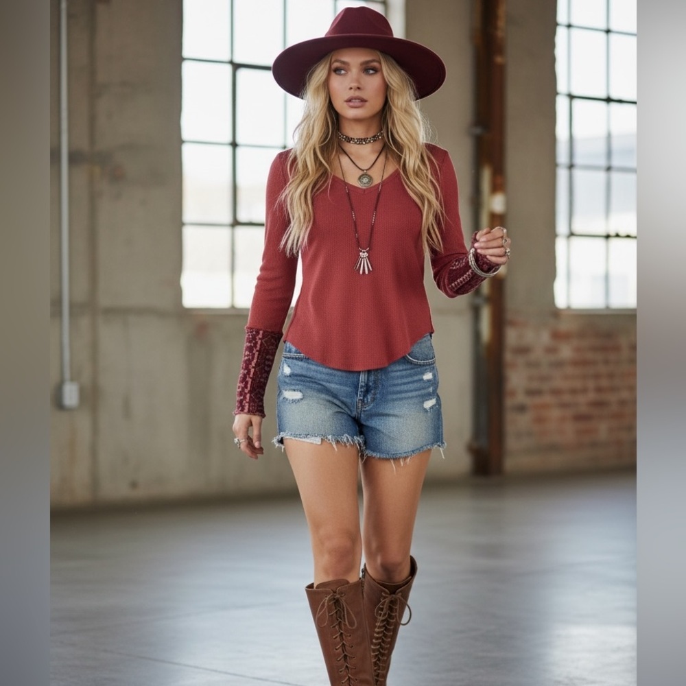 We The Free by Free People Art Class Aztec Tribal Boho Cuff Waffle Knit Thermal - Picture 2 of 9